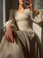 فستان نسائي كلاسيكي فرنسي من IEQJ بأكمام طويلة وفتحة رقبة على شكل حرف v مطرز بألوان سادة فساتين نسائية موضة صيف 2023 جديد 3W1191 1