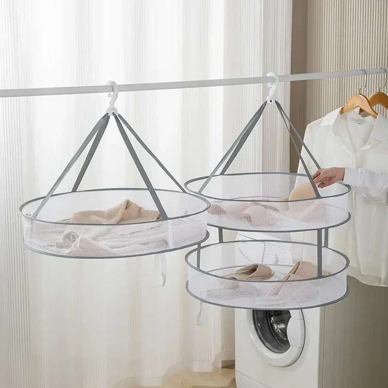 1/2 Layer Clothes Dryer Basket With Hanging Hook Fine Mesh Polyester Household Towels Foldable Baby Sweater Drying Rack For Home 1