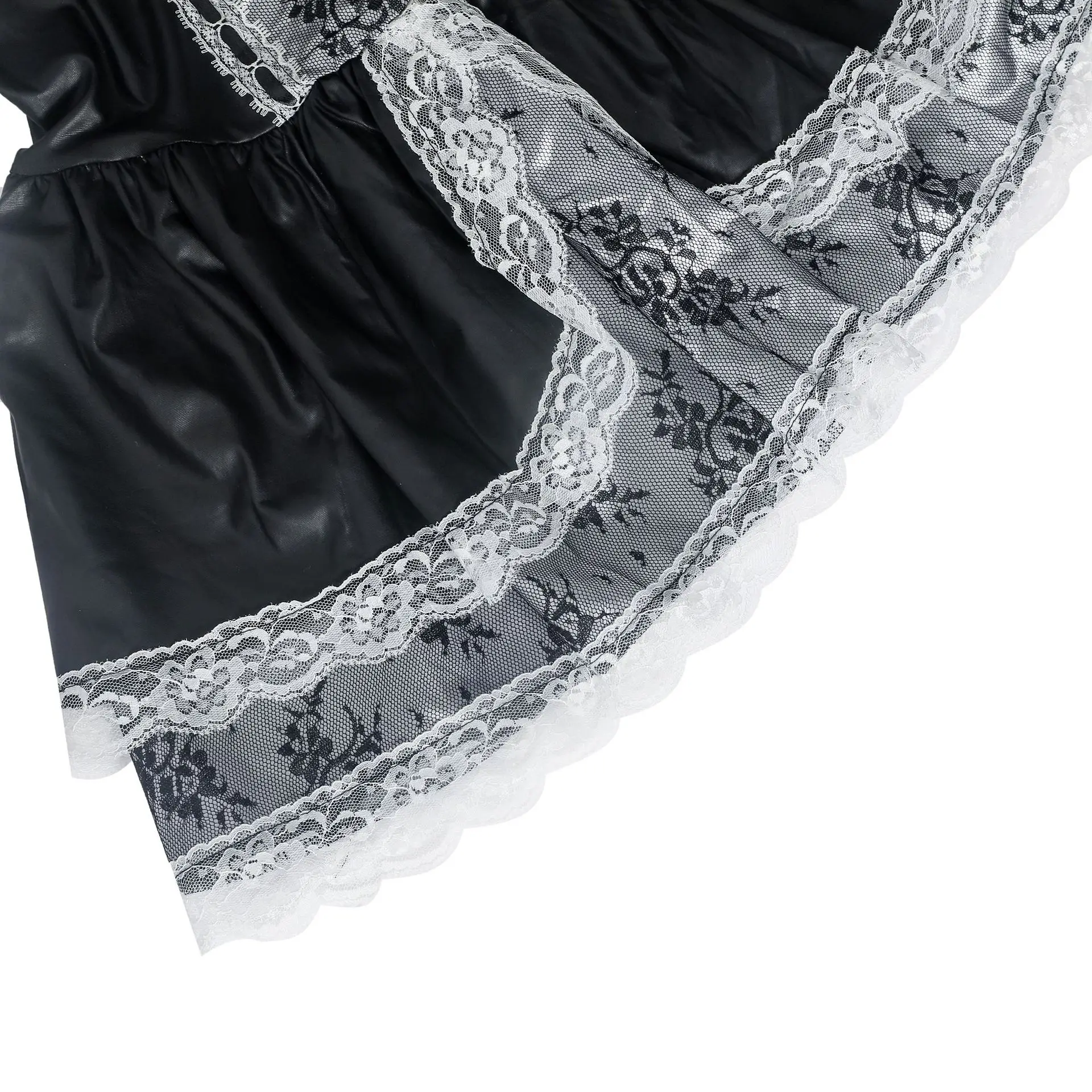 Adult costume outfit with mini dress shape and decorative lace finish