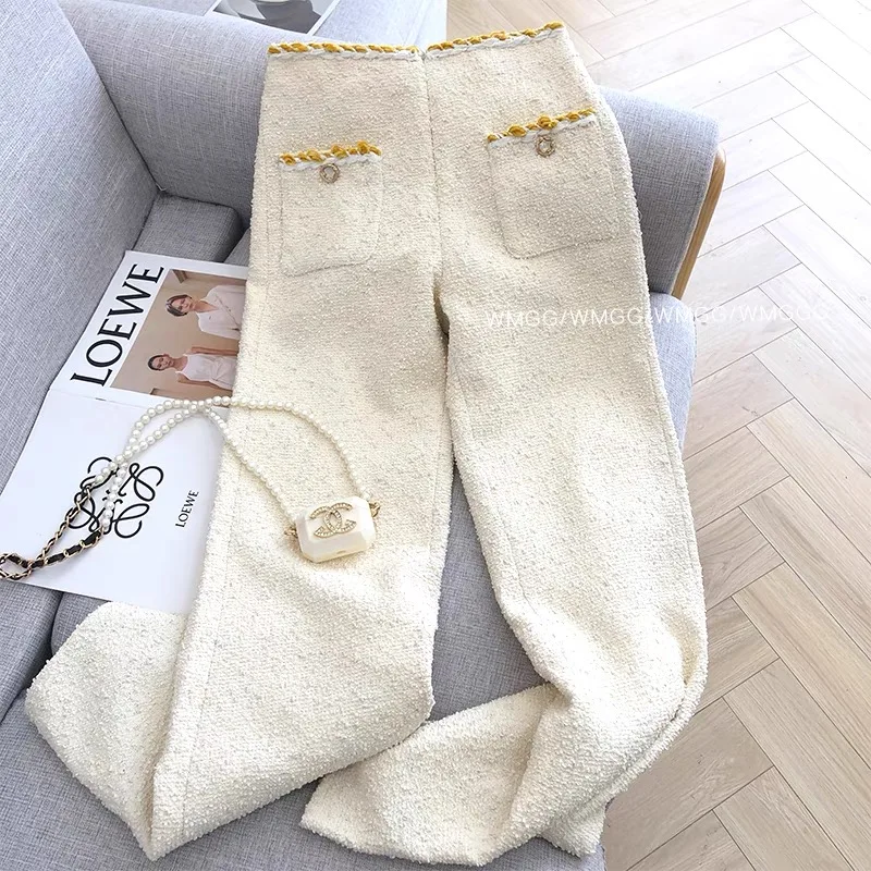 

Limiguyue Woven Woolen Straight Pants Woman France Vintage Casual Knitted Trousers Autumn Winter High Waisted Chain Spliced U066