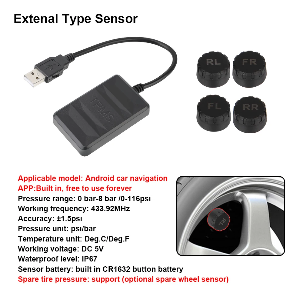לרכב TPMS רדיו DVD נגן אנדרואיד TPMS חיישן פנימי חיצוני לצמיגים מערכת מעקב ללחץ הצמיגים USB