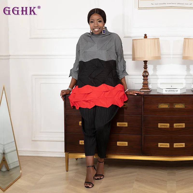 Gghk Miyake Plissettato Con Diamante Plissettato Top 2023 Nuova T-Shirt Colorblock Versione Larga Allentata Di Grandi Dimensioni Senso Di Design Piegh