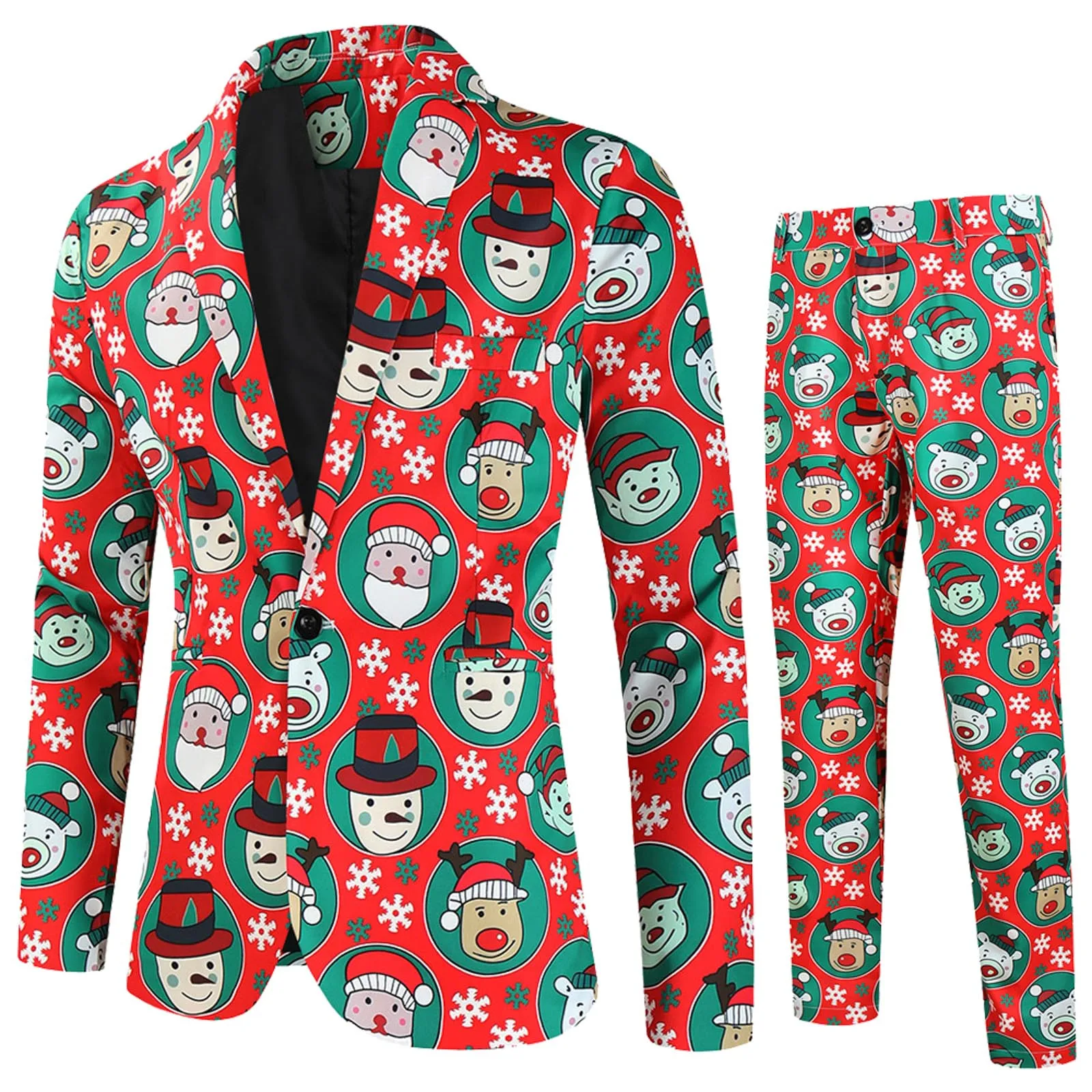 thumbnail image 1 of Conjunto de 2 piezas de chaqueta y pantalón con estampado de Papá Noel y árbol de Navidad rojo para hombre, para fiesta de noche, con un botón, blazer y pantalón, 1 of 5