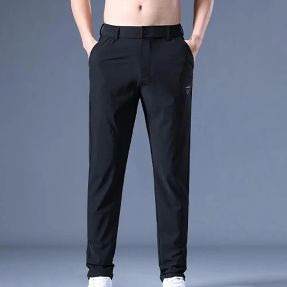 

Men Pants Elastic Waist Smooth Straight Solid Color Soft Breathable Quick Dry Pockets Mid Waist Casual Daily Long Trousers