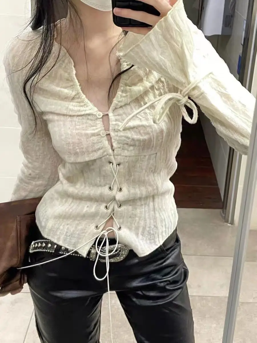 

Shirt V-Neck Lace Up Shirts Slimming Sexy Simple Vintage Women Spring Slim Fit White Mujer 2024 Y2k Long Sleeve Blouses Tops