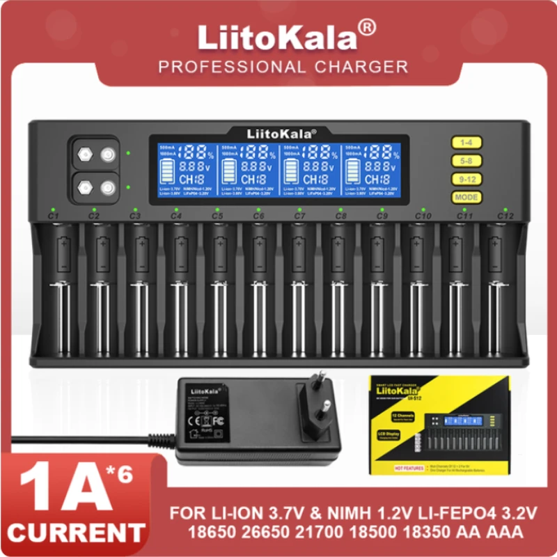 

Lii-S12 LiitoKala 21700 9V Battery Charger LCD Display 12 Trough For 1.2V 3.8V 3.2V 3.7V IMR NiMH/Cd 18650 26650 26700 AA AAA