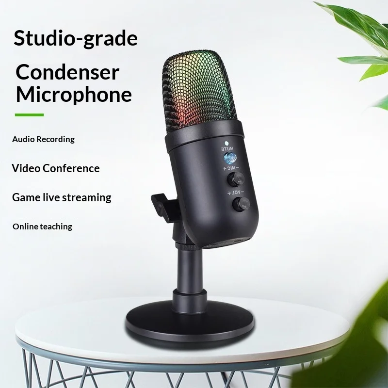 USB 콘덴서 게이밍 마이크, RGB 기능이 있는 PC 녹음 마이크, 소음 제거, 헤드폰 잭 및 음소거 버튼