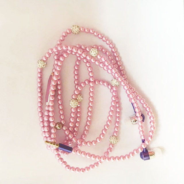 Necklace Earphone In-Ear Pink Rhinestone Necklace Jewelry Beads Earphones With Mic For Samsung Xiaomi Brithday Girls Gifts