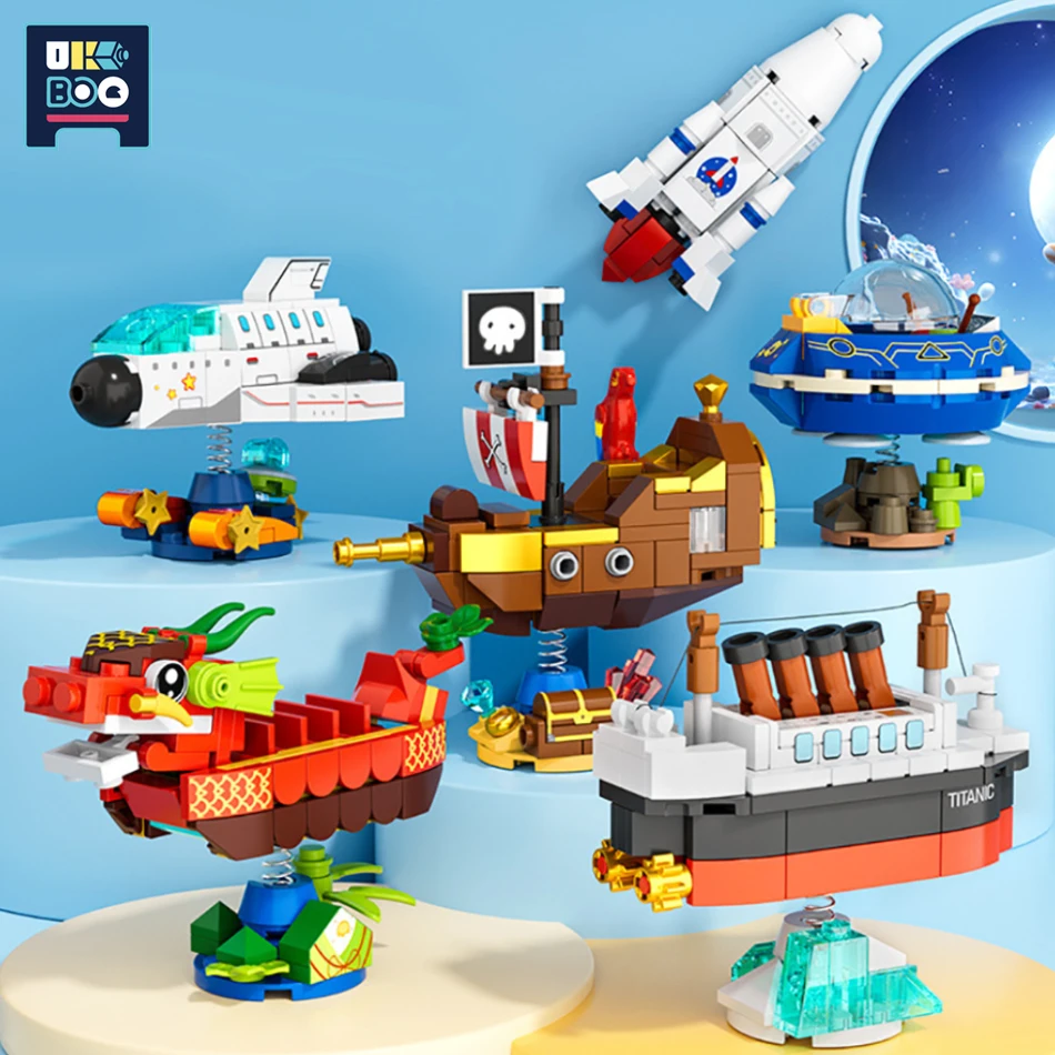 Mini Bobblehead Pirate Ship Building Block City Diy Space Rocket Shuttle Ufo Dragon Boat Decor Model Bricks Toys For Children
