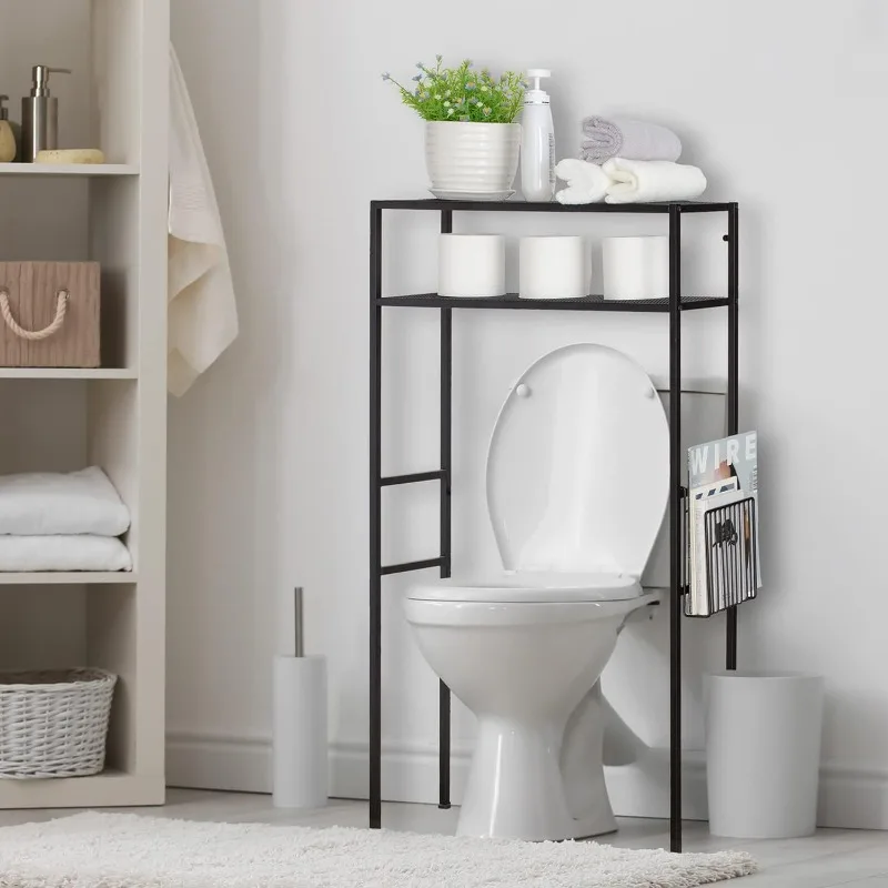 2 Tier Metal Over The Toilet Standing Shelf with Removable Magazine Holder Basket, Home Bathroom Space Saver