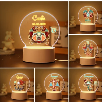 남녀공용 맞춤형 이름 및 날짜, 3D LED 아크릴 야간 조명, 남녀공용 생일 선물, 홈 데코, 12 별자리, 패션