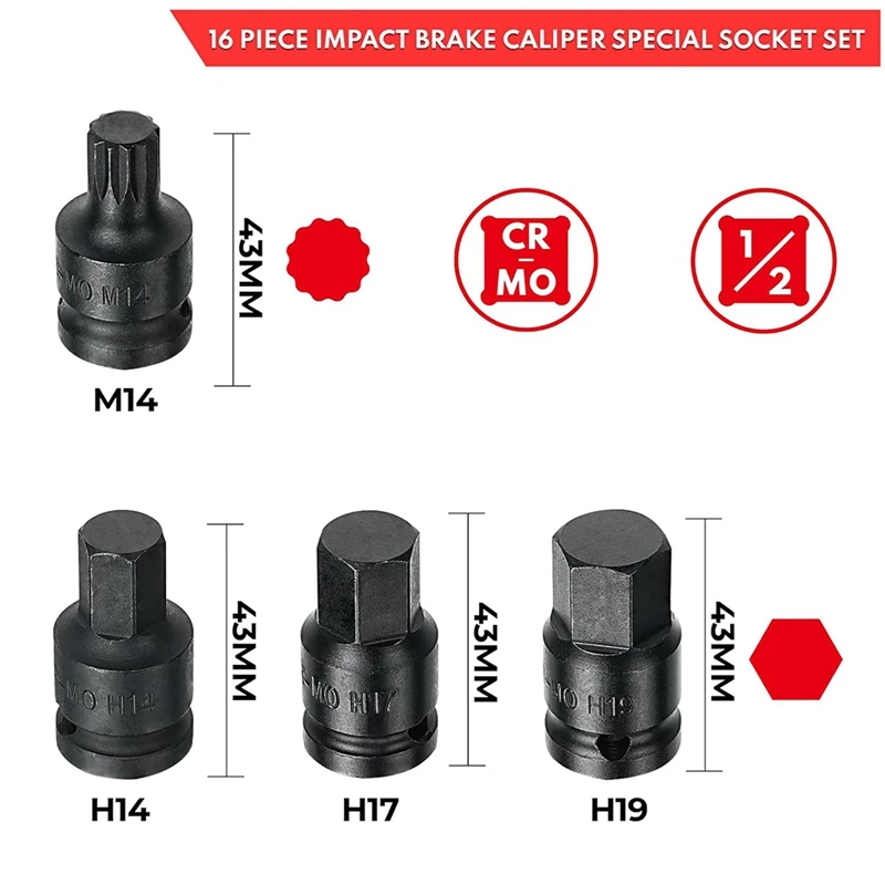 16-Piece Impact Brake Caliper Socket Tool Set , 1/2Inch Drive Brake Adjusting Tool For Porsche VW BMW Ford