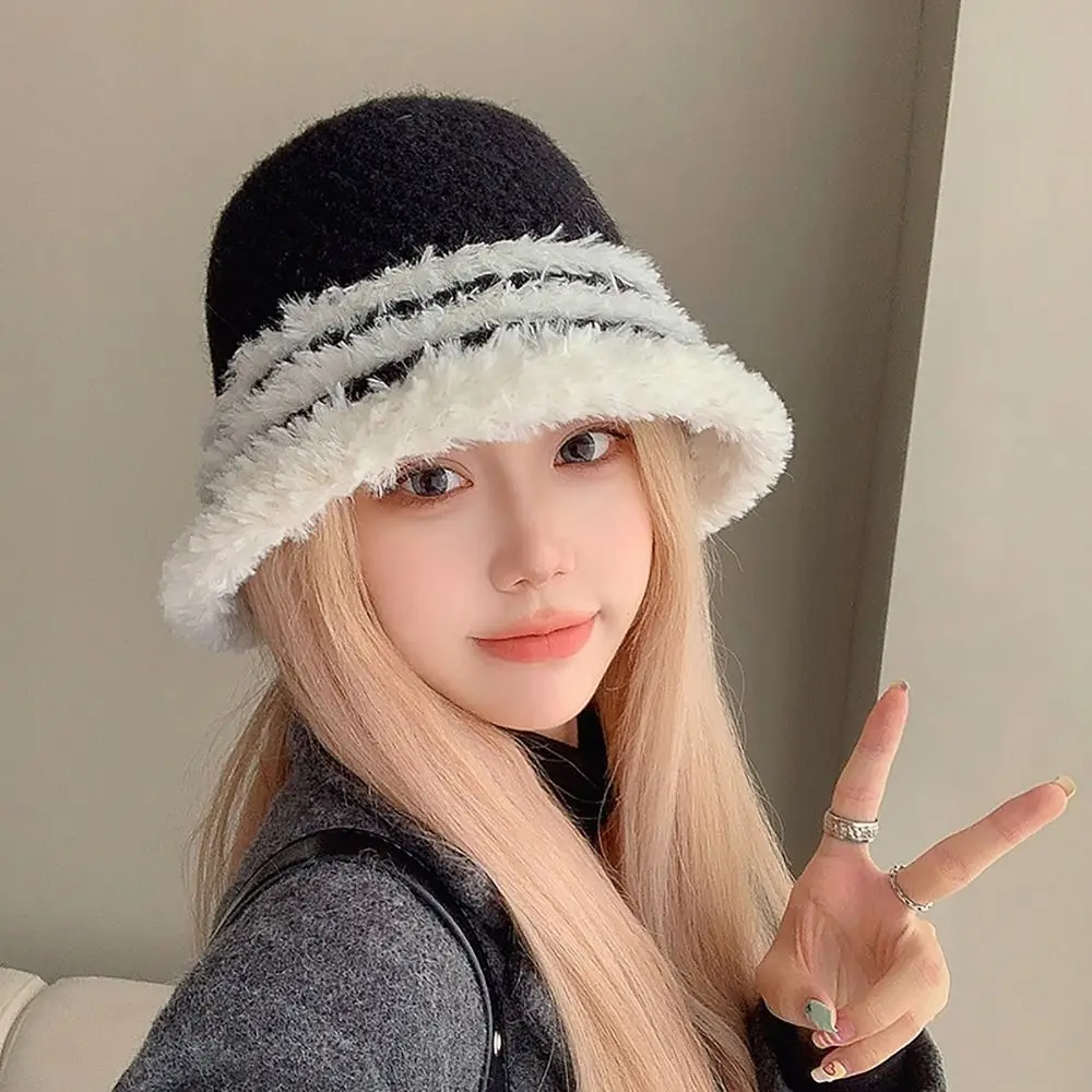 

Brimless Women Fisherman Cap Fashion Color Contrast Winter Warm Plush Panama Hat Knitted Hat Girls Maiden