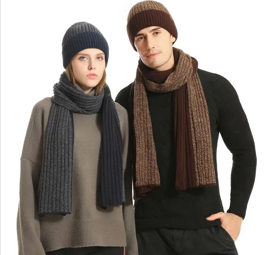 Europe Autumn Designer Pashmina Women Men Classical Knitted Scarf Hat Set Winter Warm Beanie Hats And Scarves Without Box