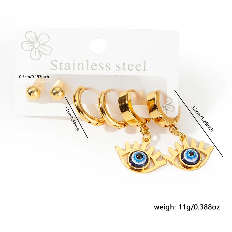 Chic Stylish Trendy 18K Gold Plated Stainless Steel Blue Turkish Eyes Earrings Jewelry 3Pair/Set Earrings For Women 12