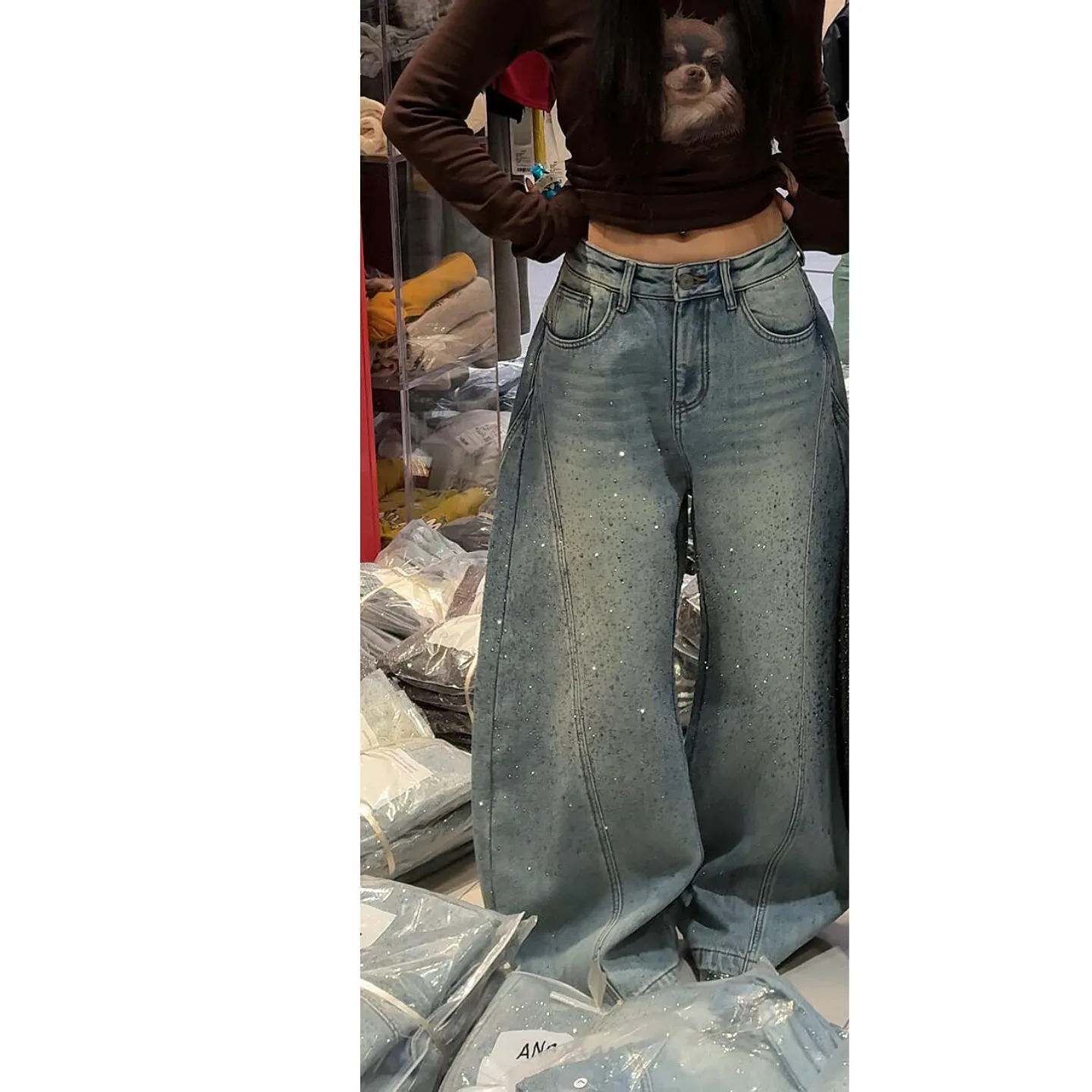بنطلون جينز نسائي جديد بتصميم واسع الساق مزين بالأحجار اللامعة، جينز فضفاض بطول كامل