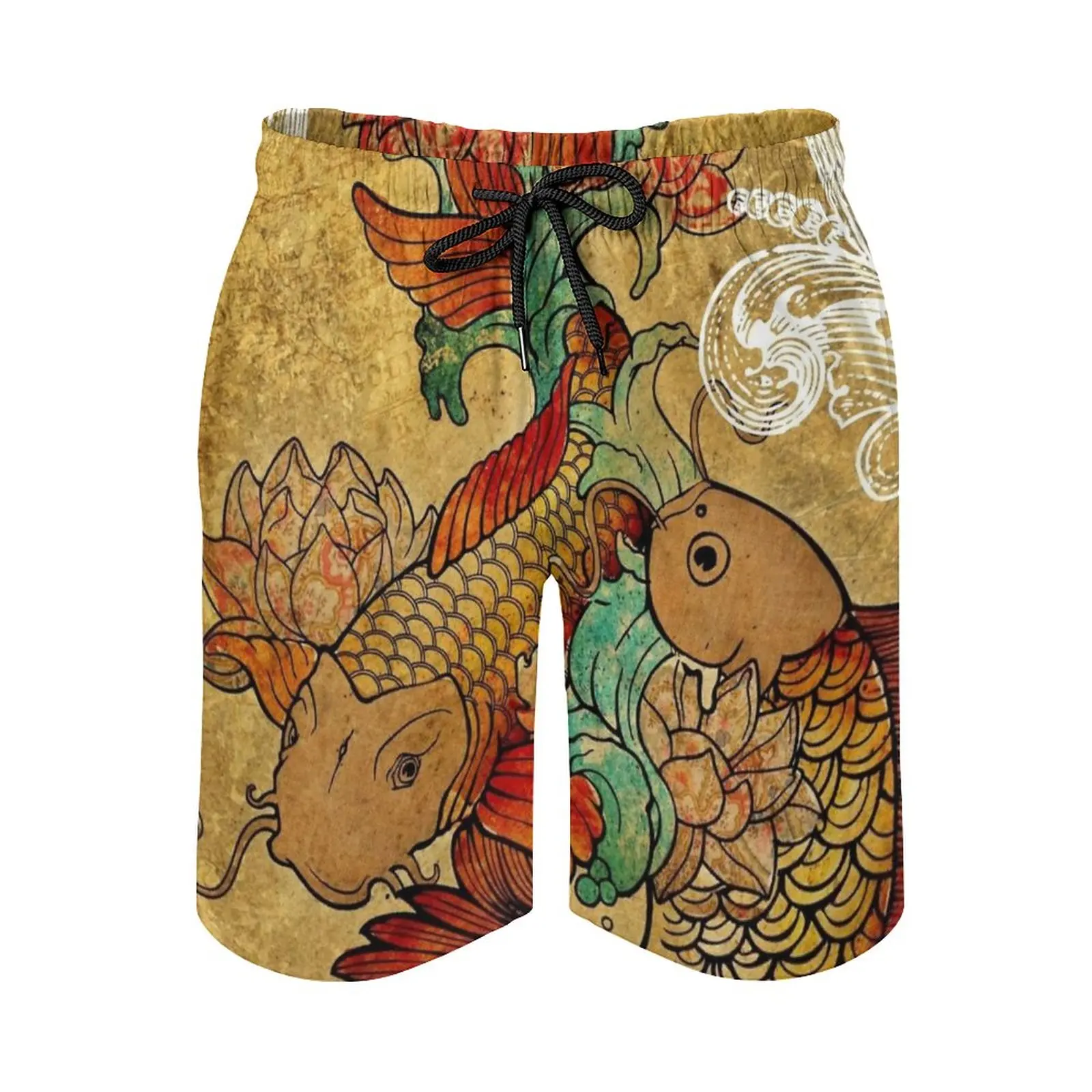 

Koi ( Version2 ) Men's Beach Shorts Board Shorts Bermuda Surfing Swim Shorts Fish Tattoo Koi Oriental Earthy Vintage Beach