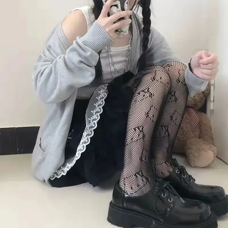 Women Sexy Fishnet Kitty Cat Pattern Tights JK Uniform Pantyhose Cute Cartoon Nylon Mesh Long Stockings Anime Lolita Long Socks