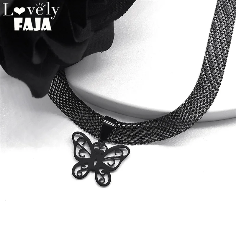 

Goth Butterfly Hollow Pendant Necklace for Women Stainless Steel Black Color Insects Sexy Clavicle Chain Necklaces Jewelry Gifts