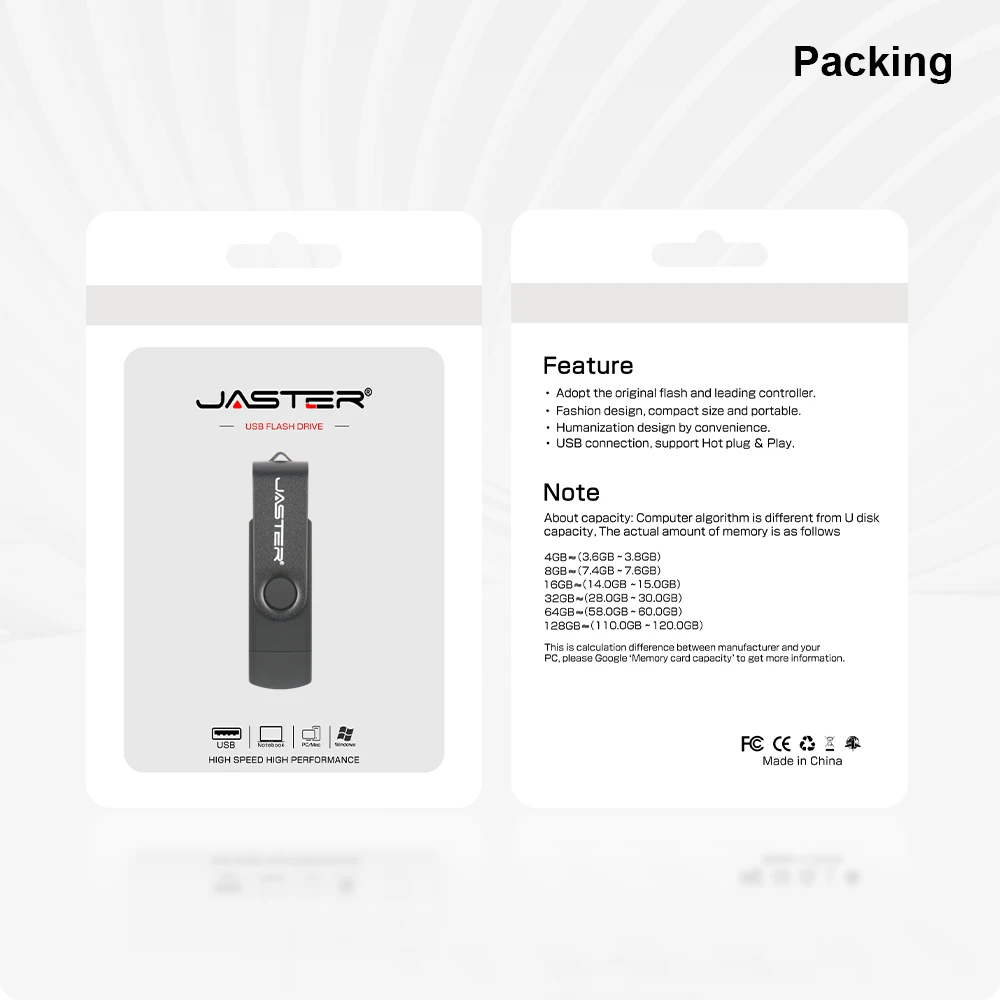USB Flash Drive JASTER OTG 2.0 Micro Interface + Type-C Adapter Key Ring 32GB Memory Stick