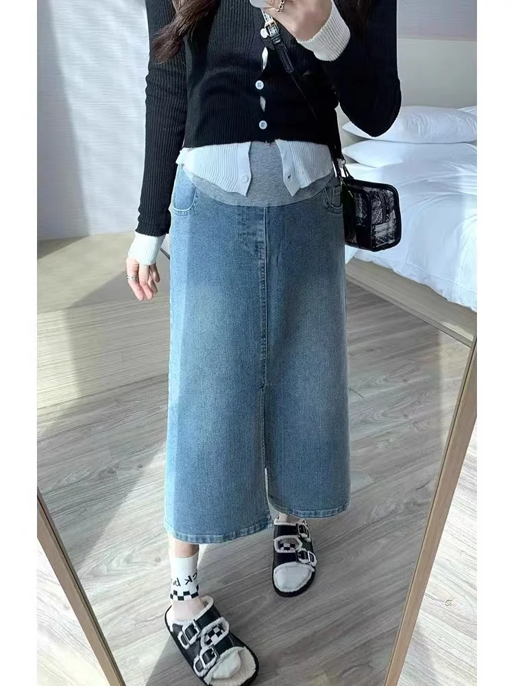 Splits Leg Stretch Denim Skirts for Maternity Spring Summer Elastic Waist Pencil Bottoms for Pregnant Women y2k Youth Pregnancy