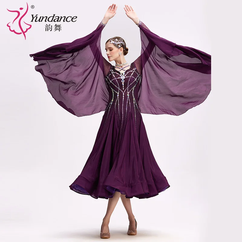 B-24159 Purple Satin Chiffon Ballroom Dance Dress High Quality New Rhinestone Standard Performance Wear Long Ballroom