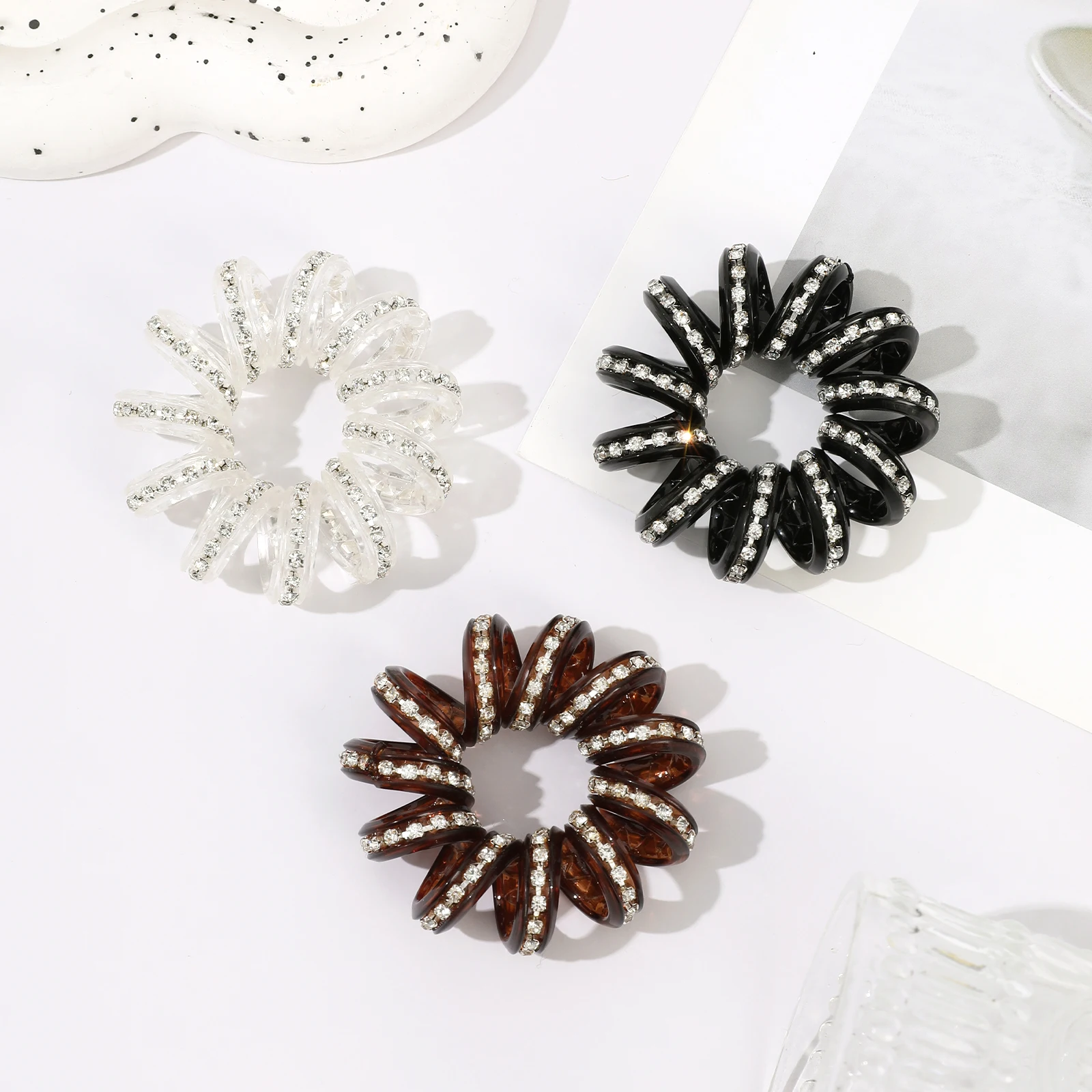 1pc Telephone Wire Elastic Hair Band Rhinestone Shiny Spiral Cord Stretch Rubber Band Hair Ties Accessories for Women Girls Kid