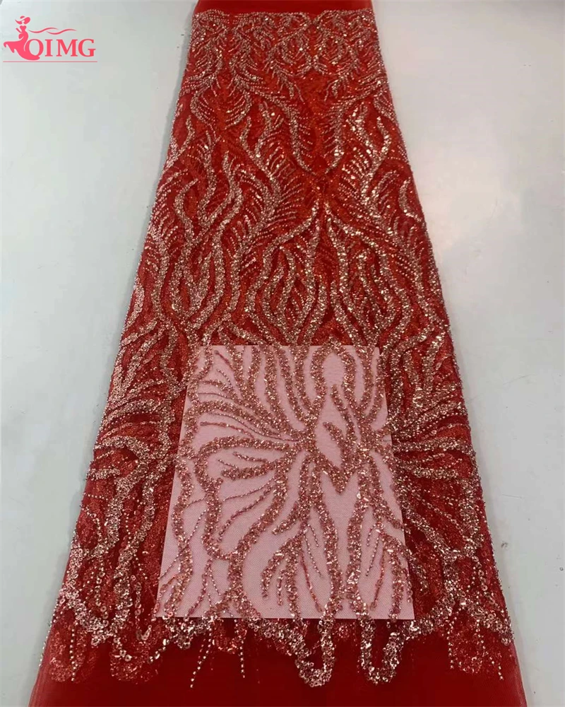

OIMG Luxurious African Net Mesh Lace Fabric 2023 Elegant Beads Embroidery Sequins French Tulle Lace for Wedding Dress