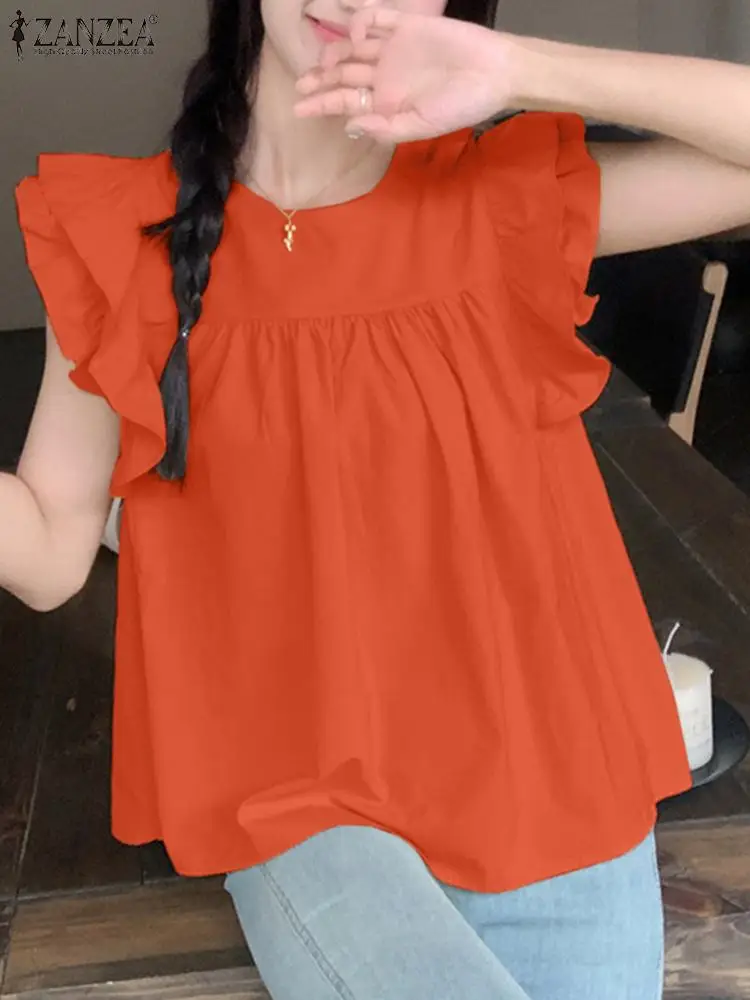 

Женская модная блузка с оборками на подоле ZANZEA 2024, Летние Стильные повседневные майки без рукавов, элегантные Однотонные блузки из искусственной кожи