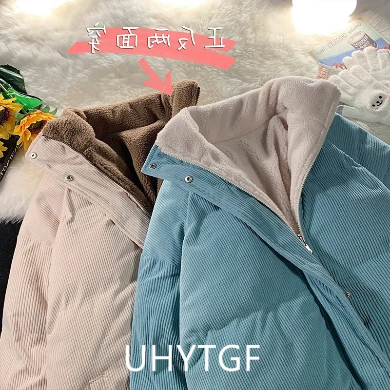 Winter Lamb Wool Coat Women Parkas Double Sided Corduroy Coat Plush Thick Warm Cotton Jacket Female Outerwear Short Jackets 2755