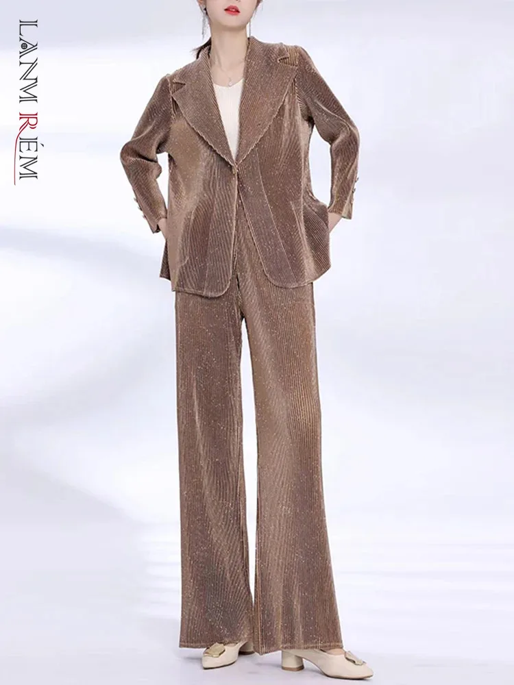 

LANMREM Office Lady Pleated 2 Piece Set Women Notched Collar Blazer High Waist Wide Leg Trousers Fashion 2024 Spring New 2AA4077