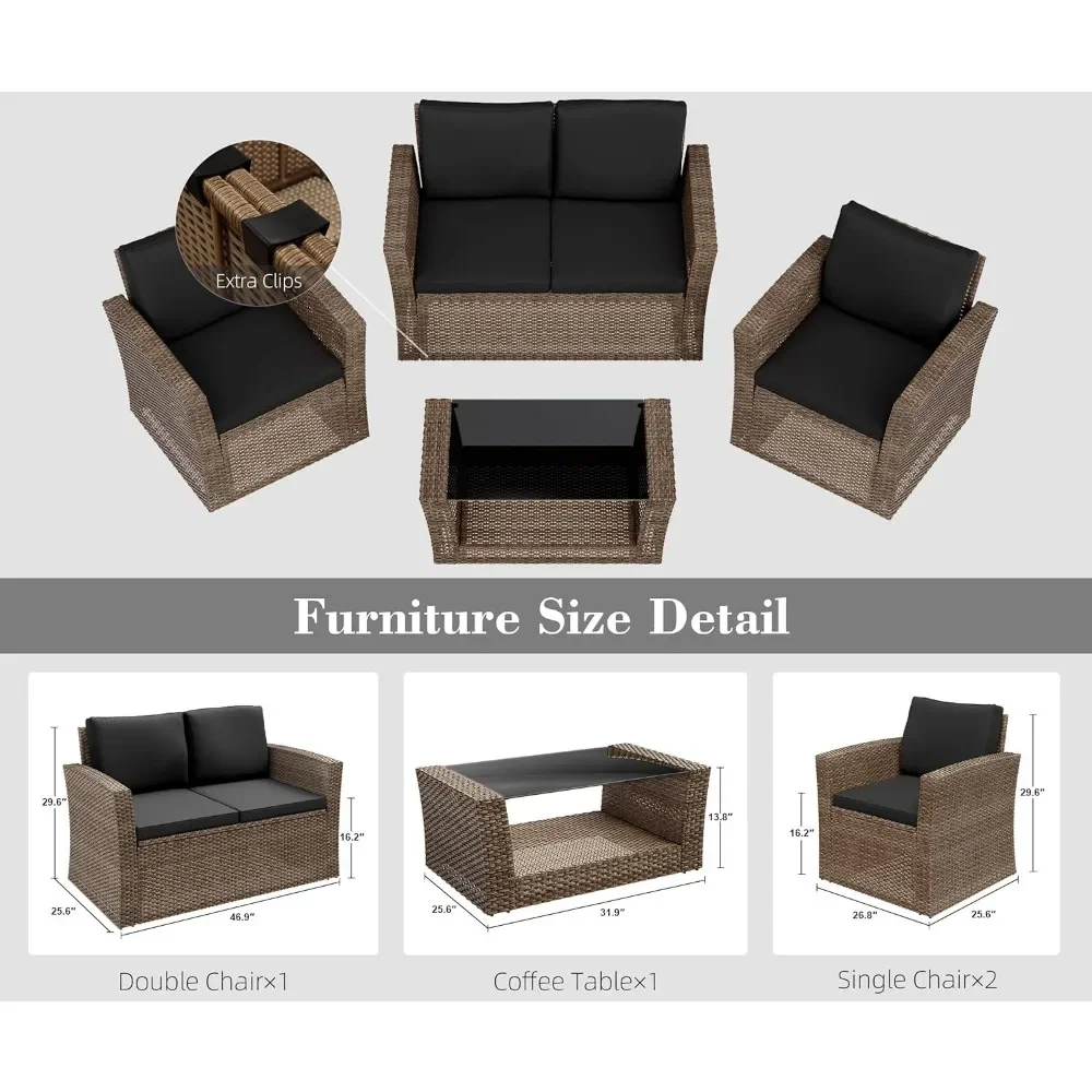 Outdoor Sofa Sets, 4PCS Patio Furniture Set, Outdoor Conversation Sets with Rattan Chair Table, Outdoors Garden Sofas Sets 6