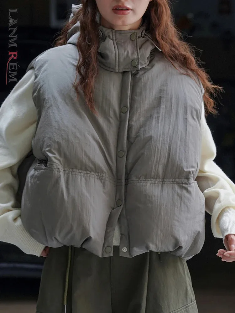 

[LANMREM] Korean Style Hooded Design Down Vest For Women Solid Zipper Cardigan Thick Warm Female Tops 2023 Winter New 26D7044