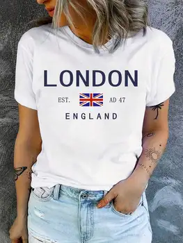 Vintage London Letter Print Women's Casual Crew Neck Short Sleeve Polyester Blend Machine Washable - Perfect for Spring/Summer 1