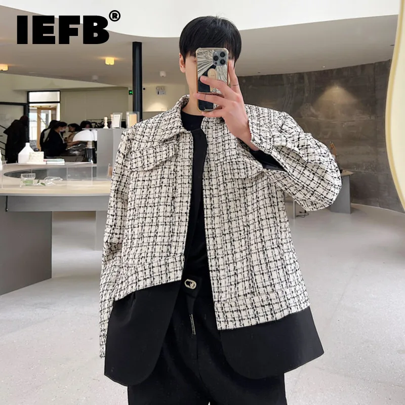 

IEFB New Fashion Men's Jacket Patchwork Plaid Lapel Single Breasted Male Jackets 2023 Autumn Male Contrast Color Top 9C3584