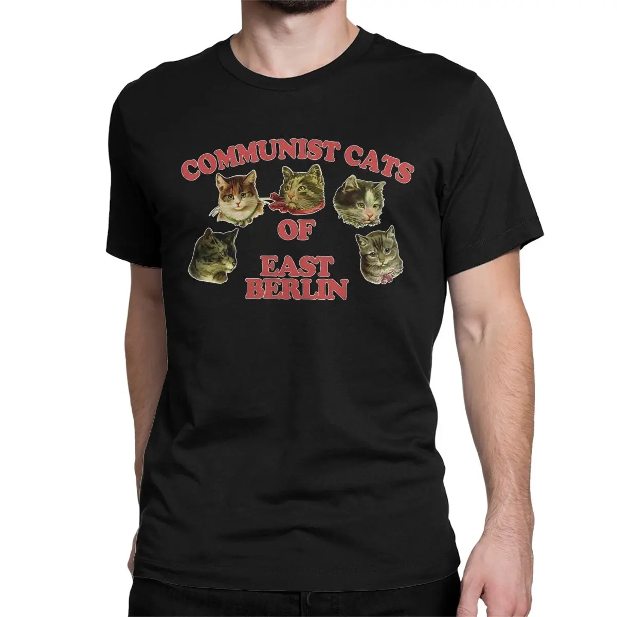 thumbnail image 1 of Camisetas de algodón con cuello redondo y manga corta con estampado de gatos comunistas de Berlín Oriental para hombres y mujeres., 1 of 7