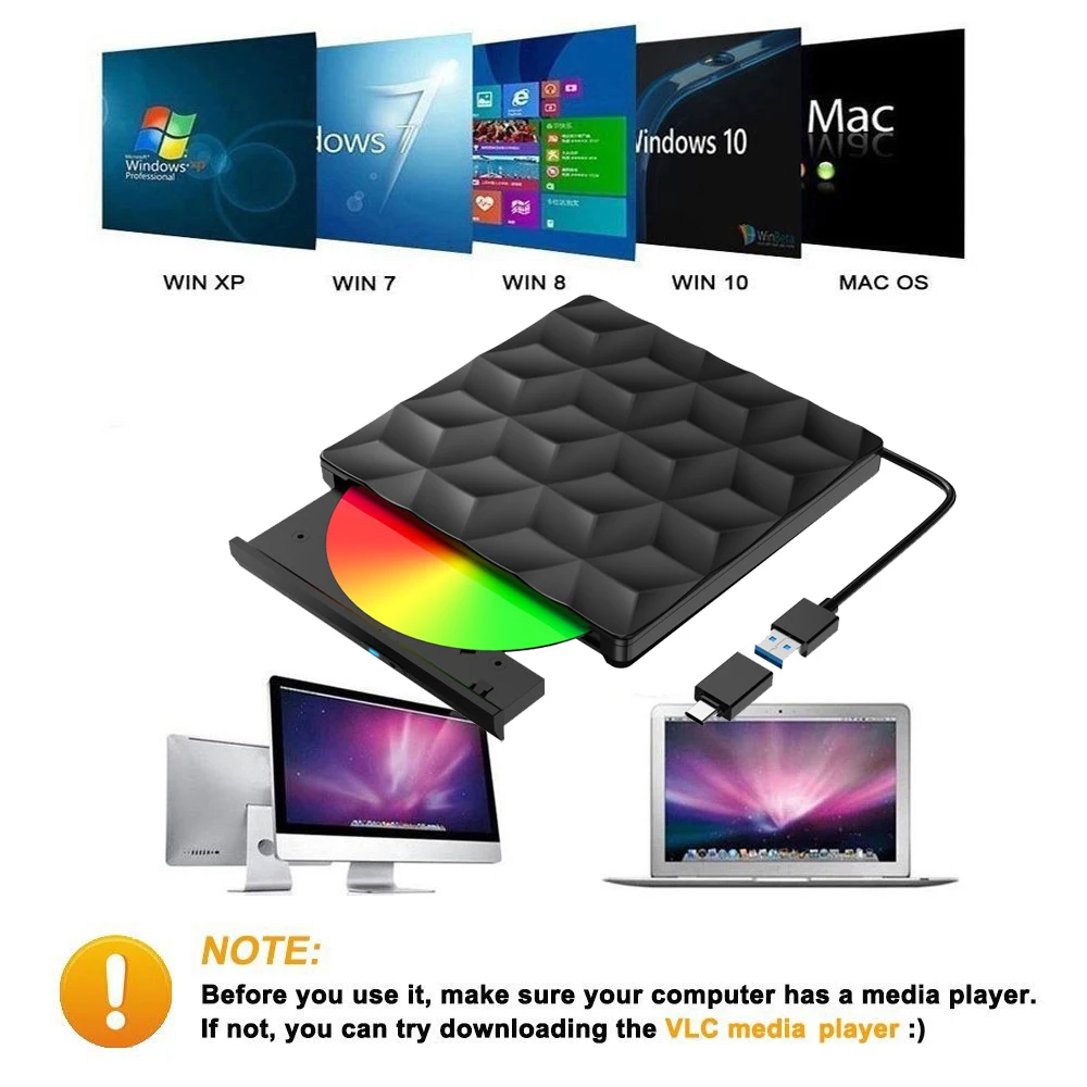 DVD Player CD Player External DVD Player USB 3.0 type-c CD DVD Portable Disc Drive CD Burner Reader for Laptop Desktop PC Windows Linux OS Apple Mac
