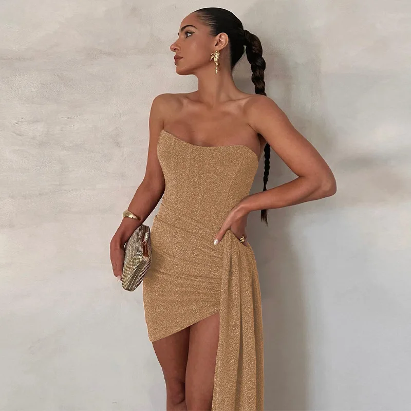 

Women's Wrap-Around Strapless Backless Bodycon Mini Dress, Sequin Streetwear, Party Evening Prom, Sexy Gold Dresses, Summer 2023