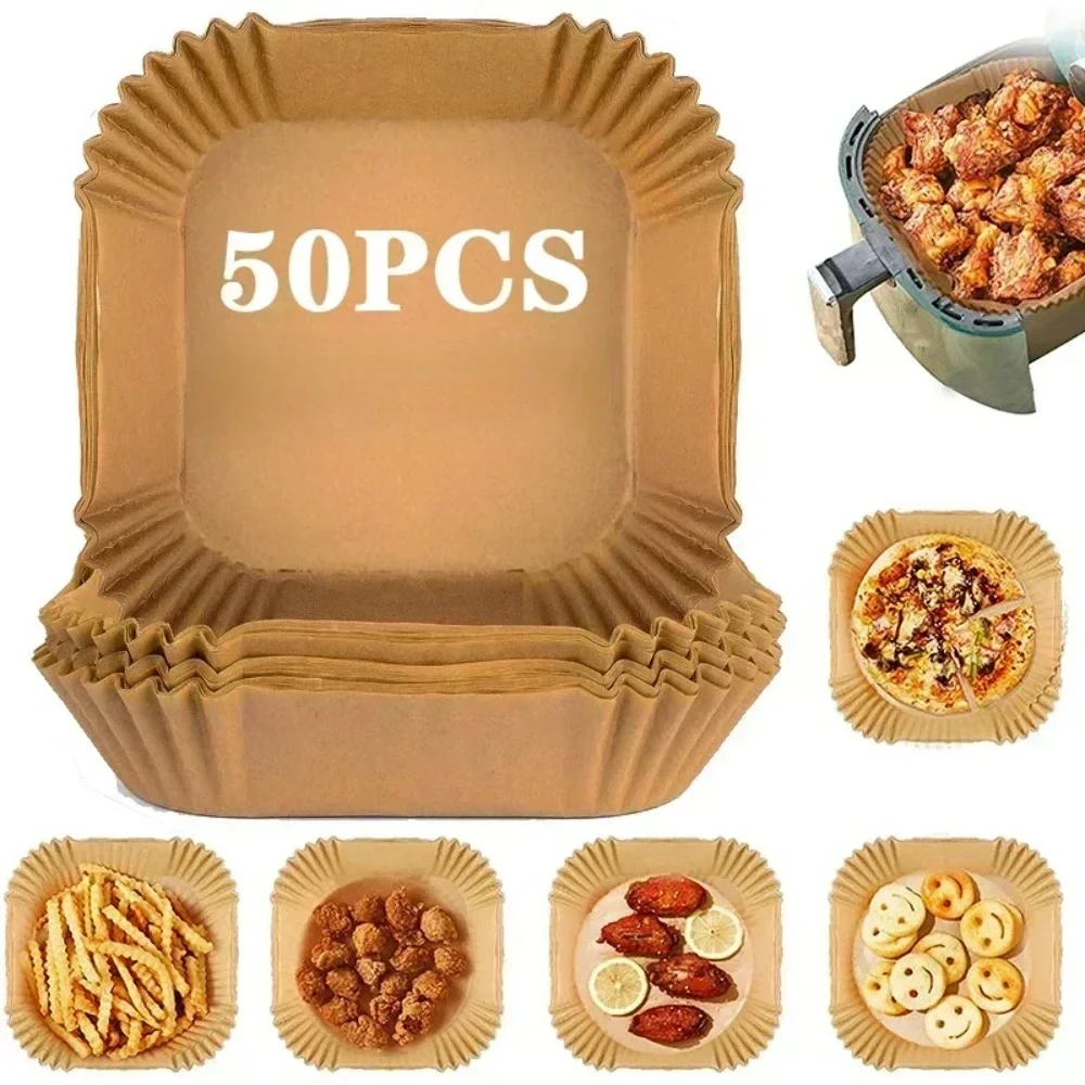 50 Pieces Kitchens Accessories Air Fryer Paper Kitchen Utensils Disposable Square Round Pastry Molds BBQ Plate Non-stick Pad