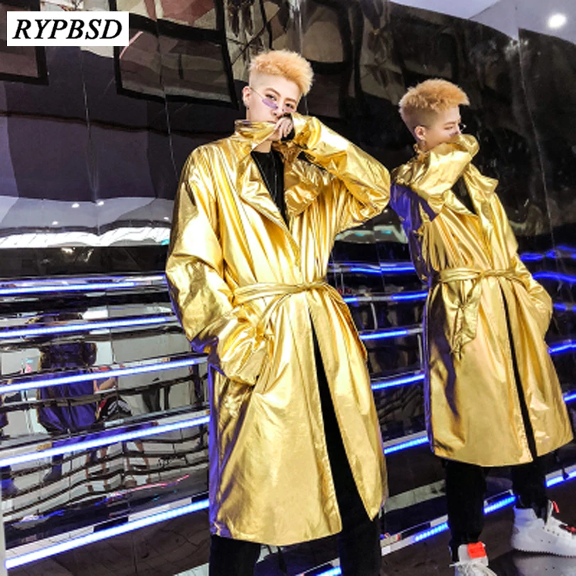 Gold Silver Long Trench Coat Men Shiny Nightclub Stage Dance Men Windbreaker Jacket Fashion Korean Autumn Loose Cloak Cape Coat