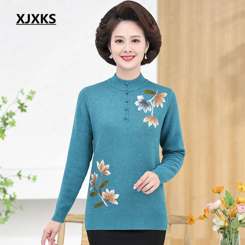 

XJXKS 2022 Winter New Women's Semi-turtleneck Sweater High Quality Embroidered Wool Knit Pullover Sueters De Mujer