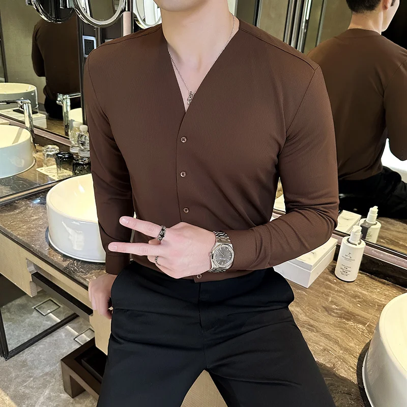 Long Sleeve Shirts For Men Clothing High Quality Collarless Men's Shirts Luxury Drape Traceless Gluing Social Shirt Dress Blouse