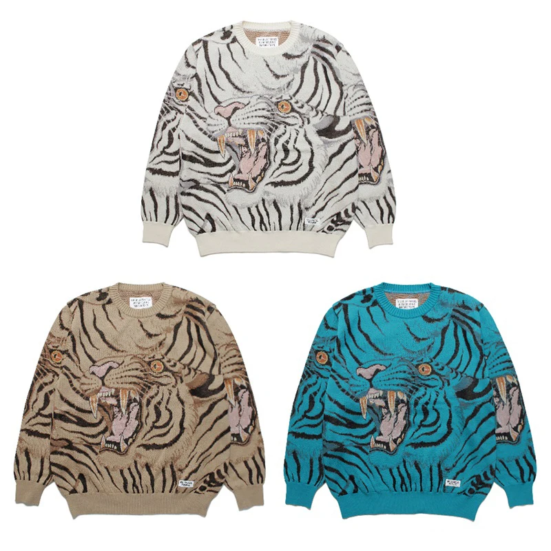 

23FW White Khaki Blue WACKO MARIA Knitted Sweater Men Women 1:1 Tiger Totem Jacquard Pullovers Casual Loose Fashion Sweatshirts