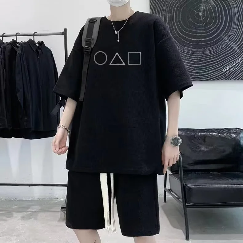 남성용 루즈핏 반팔 티셔츠 및 반바지 여름 스포츠웨어 세트 캐주얼 패셔너블 중..