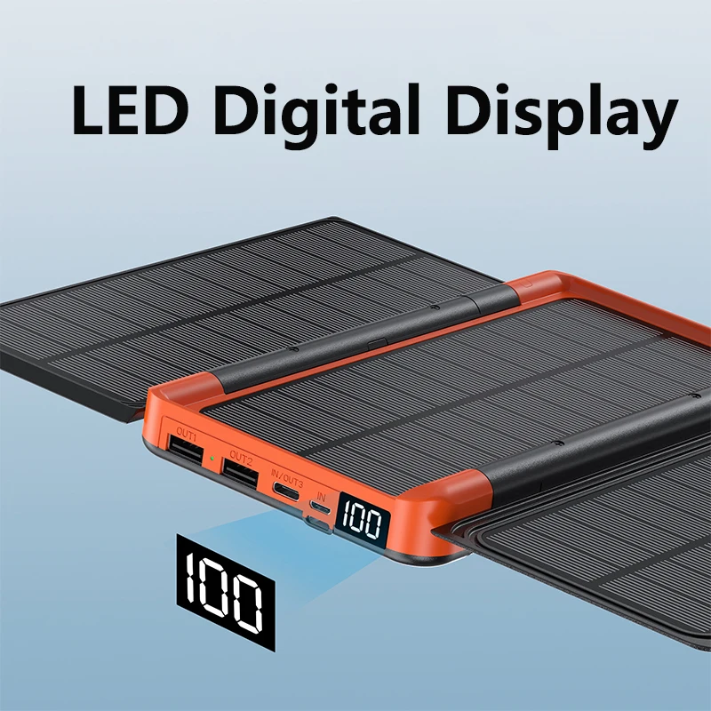 20000mAh Folding Solar Power Bank With 3 Solar Panel Outdoor Portable Qi Wireless Charger Powerbank For Phone Traveling Camping_voghion.com