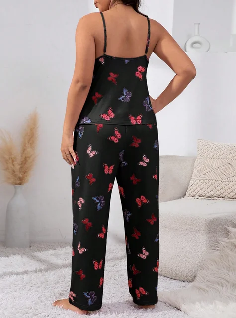 Ensemble de pyjama noir à imprimé papillon pour femme, haut précieux doux, pantalon long avec nœud, grande taille, sommeil confortable 2