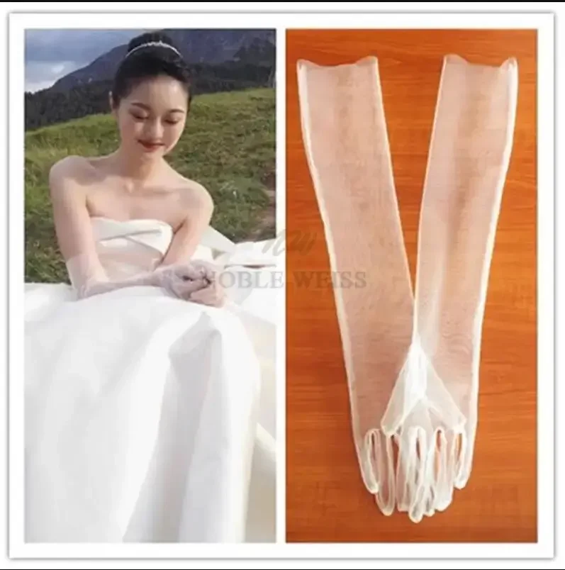 Long Tulle Bridal Dress Gloves Simple Five Finger One Pair Bride Glove See Through Wedding Gloves Customized