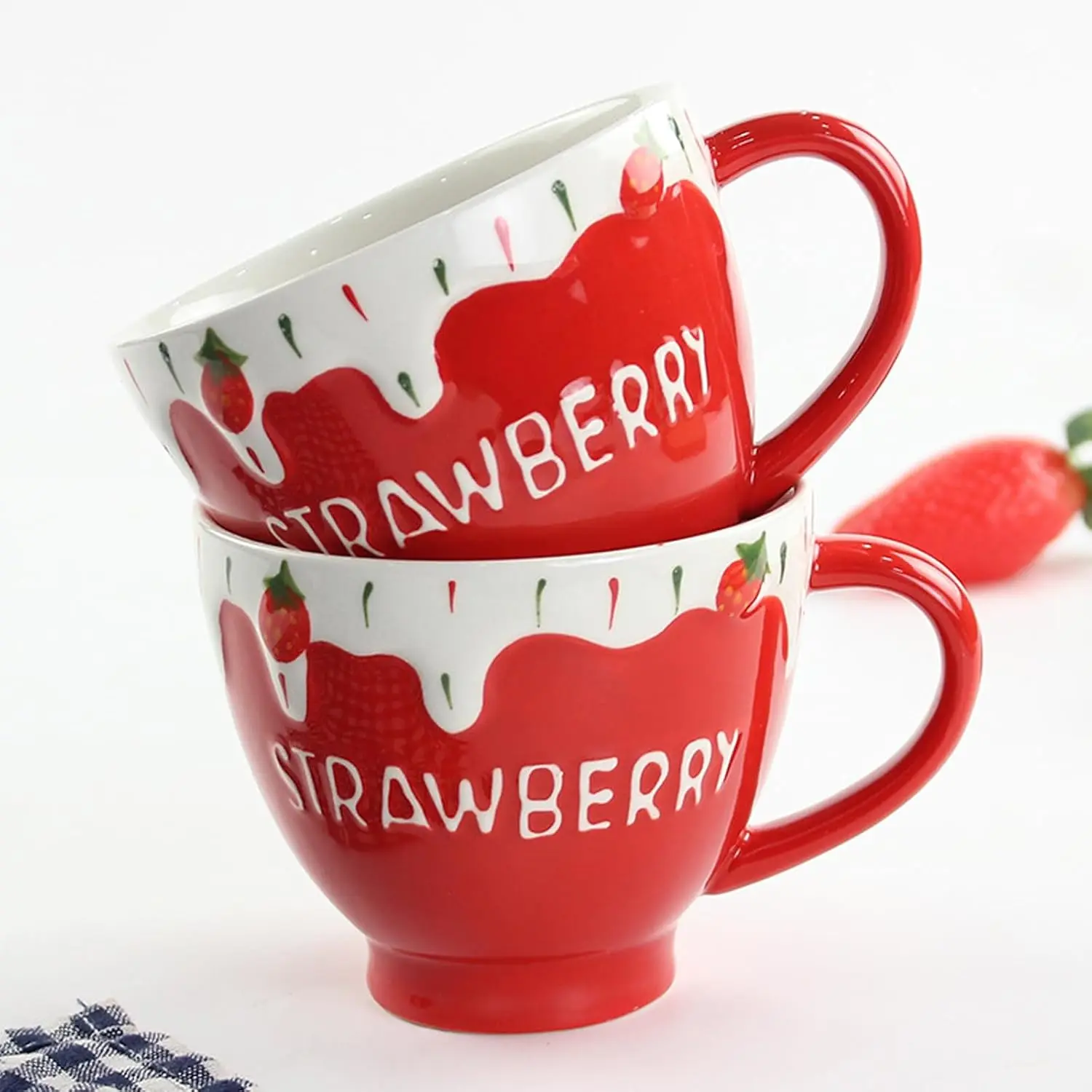 Lovely Strawberry Cup Cute Ceramic Relief Mug With Handle And Spoon Table Decoration Drinking Utensils For 2025 Festival Party