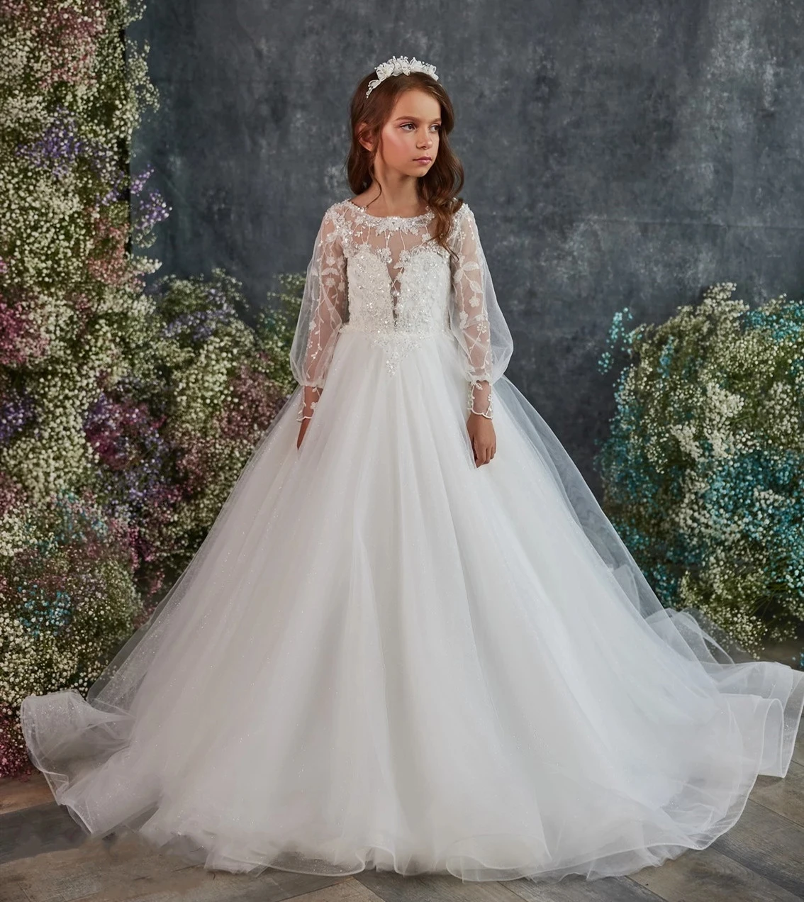 

Flower Girl Dress Trailer Wedding Pearls Party Dress For Girls First Communion Eucharist Attended Princess Gown