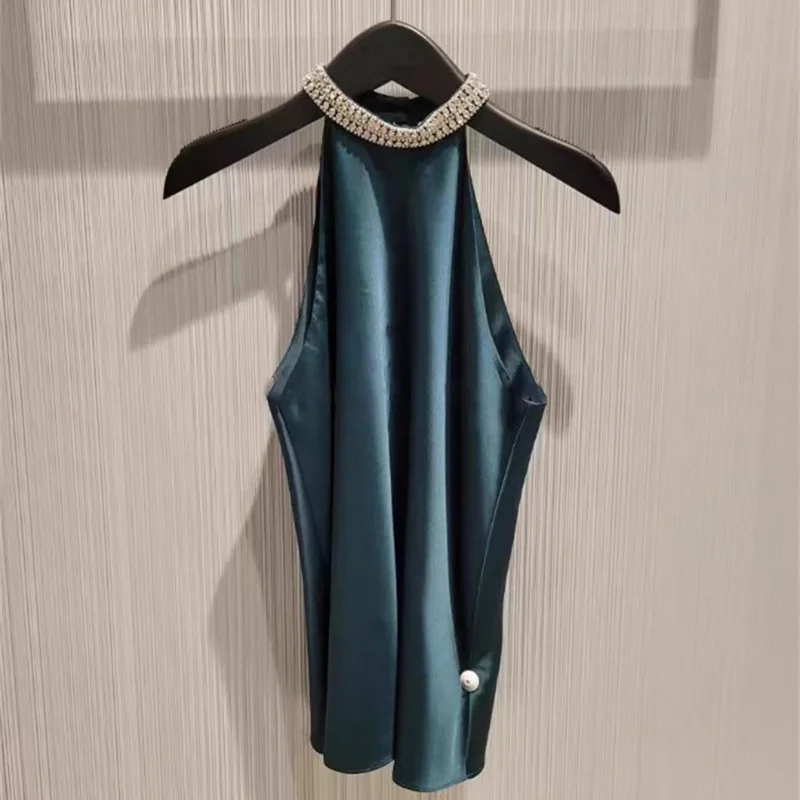 

Niche 2024 spring and summer new solid color lapel flash diamond sleeveless vest halter woman